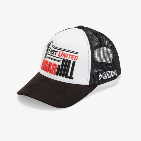 "Conspiracy" Suede Trucker Hat (black/white)