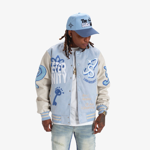 "Mercy" Suede Letterman Jacket (baby blue)