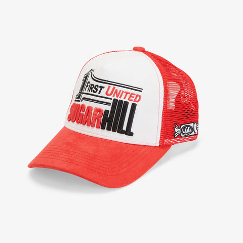 "Conspiracy" Suede Trucker Hat (red/white)