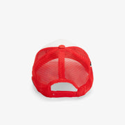 "Conspiracy" Suede Trucker Hat (red/white)