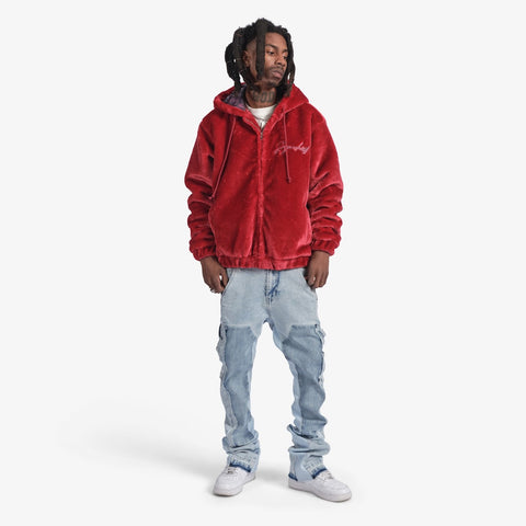 "Traces" Fur Zip-Up Hoodie (ruby red)