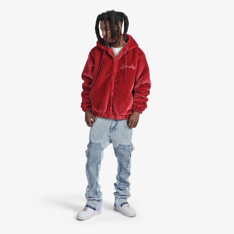 "Traces" Fur Zip-Up Hoodie (ruby red)