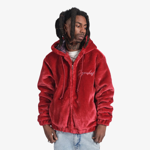 "Traces" Fur Zip-Up Hoodie (ruby red)