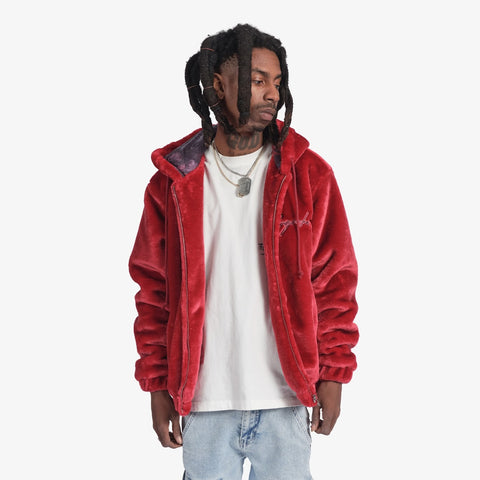 "Traces" Fur Zip-Up Hoodie (ruby red)