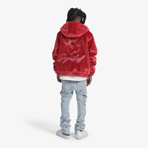 "Traces" Fur Zip-Up Hoodie (ruby red)