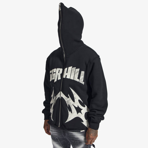 "Katana" Raw Hem Full Zip Hoodie (black)