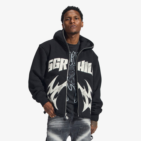 "Katana" Raw Hem Full Zip Hoodie (black)