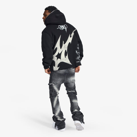 "Katana" Raw Hem Full Zip Hoodie (black)