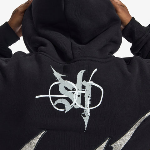 "Katana" Raw Hem Full Zip Hoodie (black)