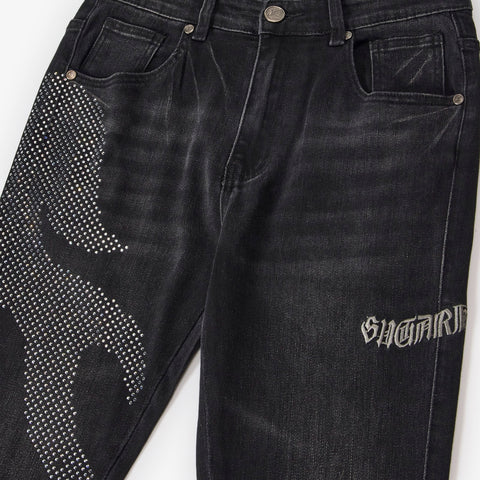 "Burn Pit" Rhinestone Stacked Jeans (black)