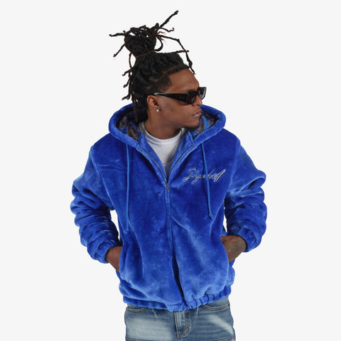 "Traces" Faux Fur Zip-Up Hoodie (royal blue)