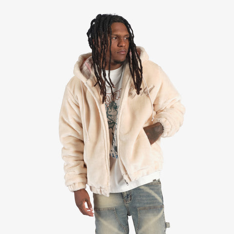 "Traces" Faux Fur Zip-Up Hoodie (cream)