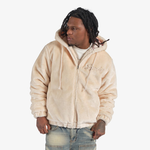 "Traces" Faux Fur Zip-Up Hoodie (cream)