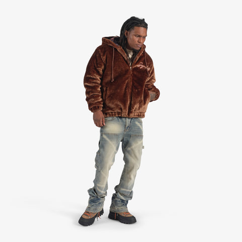 "Traces" Faux Fur Zip-Up Hoodie (chocolate)