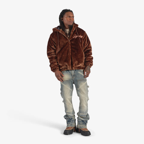 "Traces" Faux Fur Zip-Up Hoodie (chocolate)