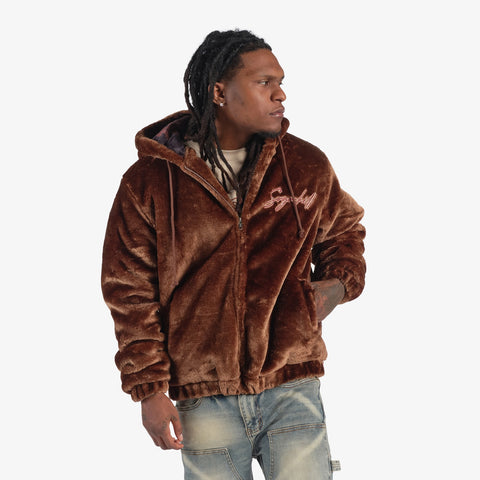 "Traces" Faux Fur Zip-Up Hoodie (chocolate)