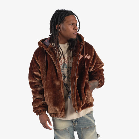 "Traces" Faux Fur Zip-Up Hoodie (chocolate)