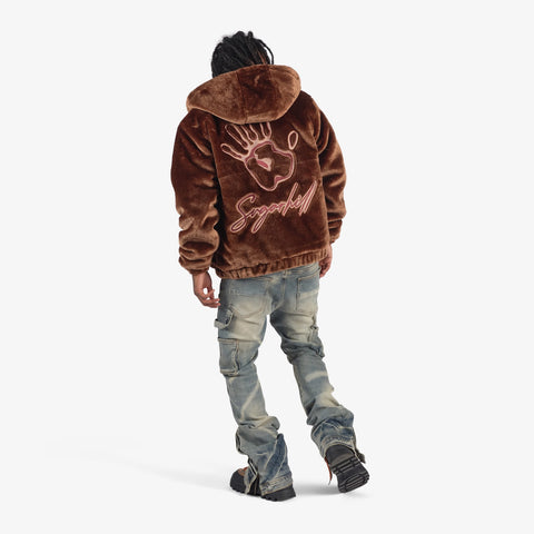 "Traces" Faux Fur Zip-Up Hoodie (chocolate)