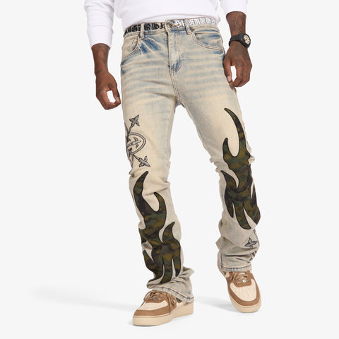 "Liver" Stacked Jeans (wheat/camo scrunch)