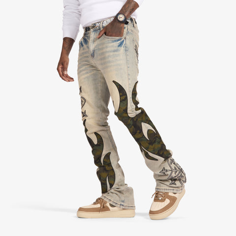 "Liver" Stacked Jeans (wheat/camo scrunch)