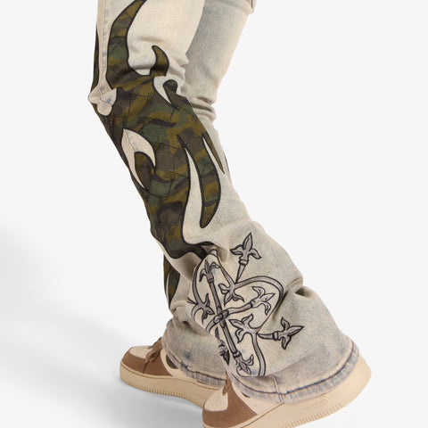 "Liver" Stacked Jeans (wheat/camo scrunch)