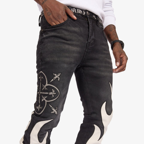 "Liver" Stacked Jeans (black/gray leather)
