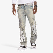 "Liver" Stacked Jeans (stone/white leather)