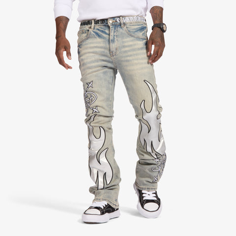 "Liver" Stacked Jeans (stone/white leather)