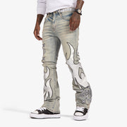 "Liver" Stacked Jeans (stone/white leather)