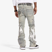 "Liver" Stacked Jeans (stone/white leather)