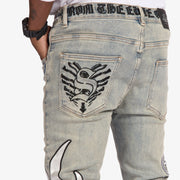 "Liver" Stacked Jeans (stone/white leather)
