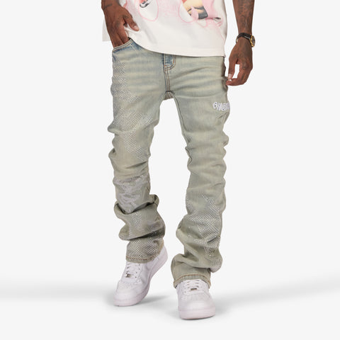 "Burn Pit" Rhinestone Stacked Jeans (cloud)
