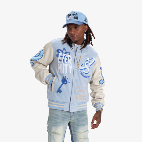 "MERCY" SUEDE LETTERMAN JACKET (BABY BLUE)