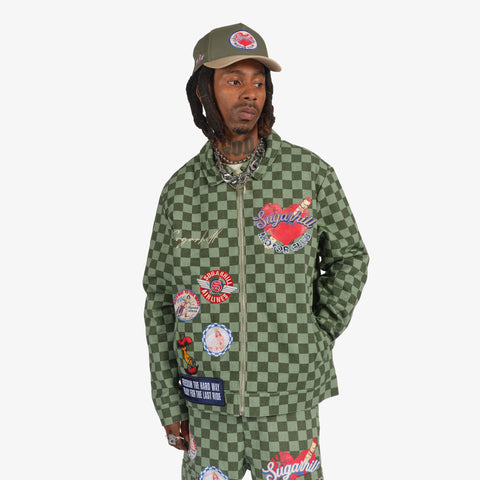 "Motor Club"  Denim Trucker Jacket (green checker)