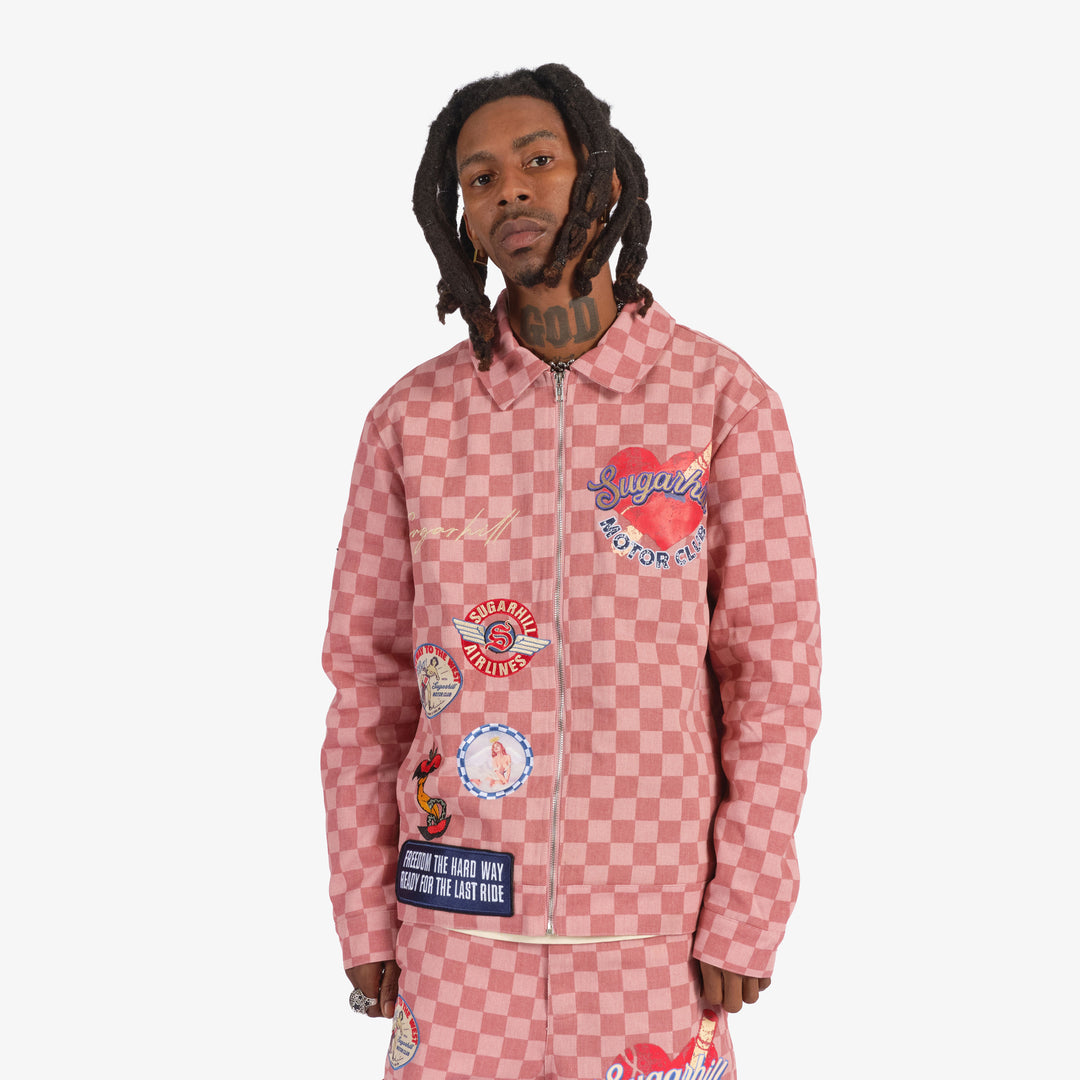 BUTCHER PRODUCTS　CLUB JACKET 38 Vinyl + Liquid Leather™ Panel Zip Cuff Pocket Jacket - Mulberry