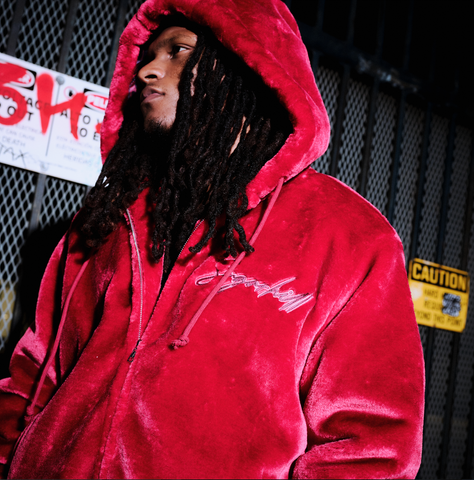 "Traces" Fur Zip-Up Hoodie (ruby red)