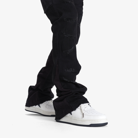 "SPIDER" STACKED JEANS (BLACK/CORDUROY)