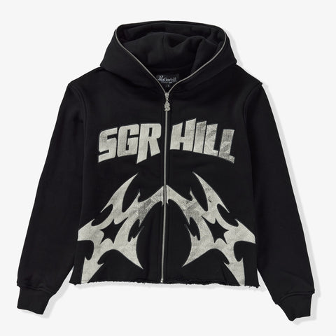 "Katana" Raw Hem Full Zip Hoodie (black)