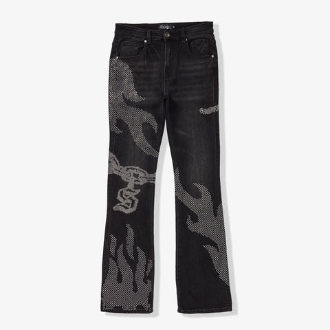 "Burn Pit" Rhinestone Stacked Jeans (black)