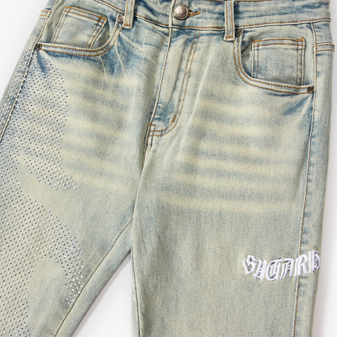 "Burn Pit" Rhinestone Stacked Jeans (cloud)