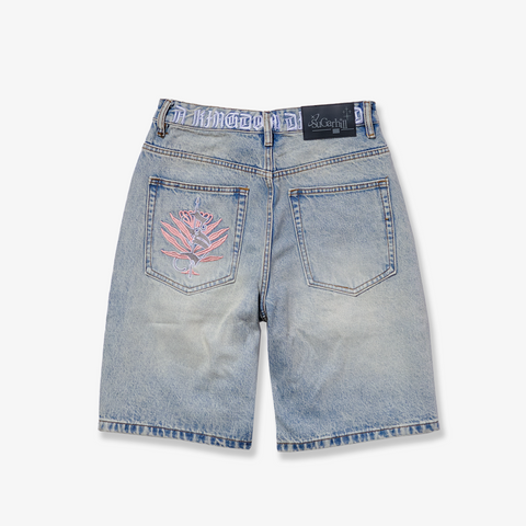 CRASHED BLACK MODERN DENIM WIDE SHORTS – SUGARHILL TOKYO