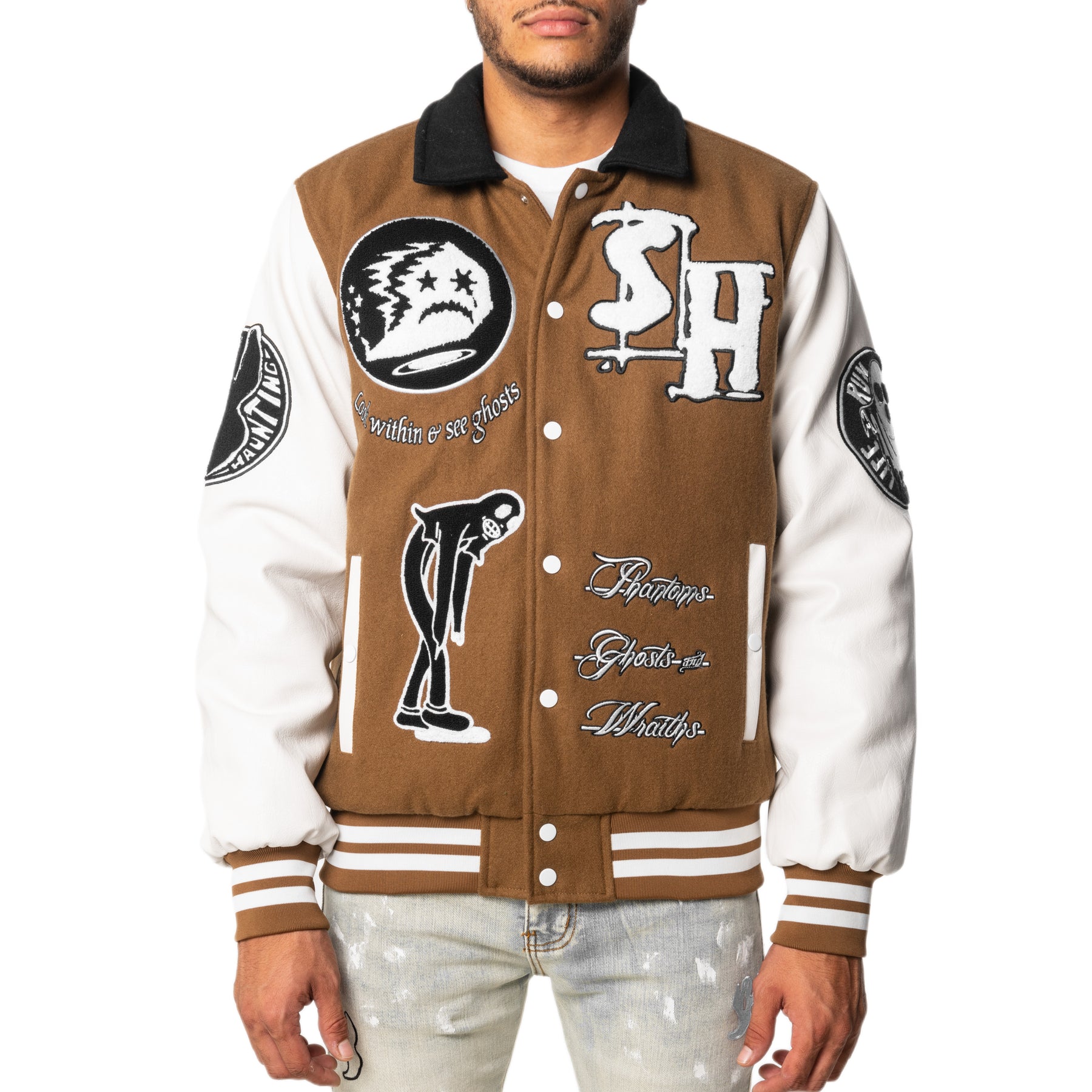 GHOSTS LETTERMAN JACKET (BROWN/WHITE) – Sugarhill