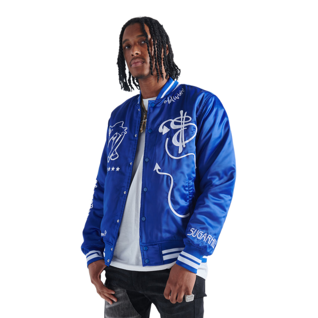 OBLIVION SATIN BOMBER JACKET (BLUE SATIN) – Sugarhill