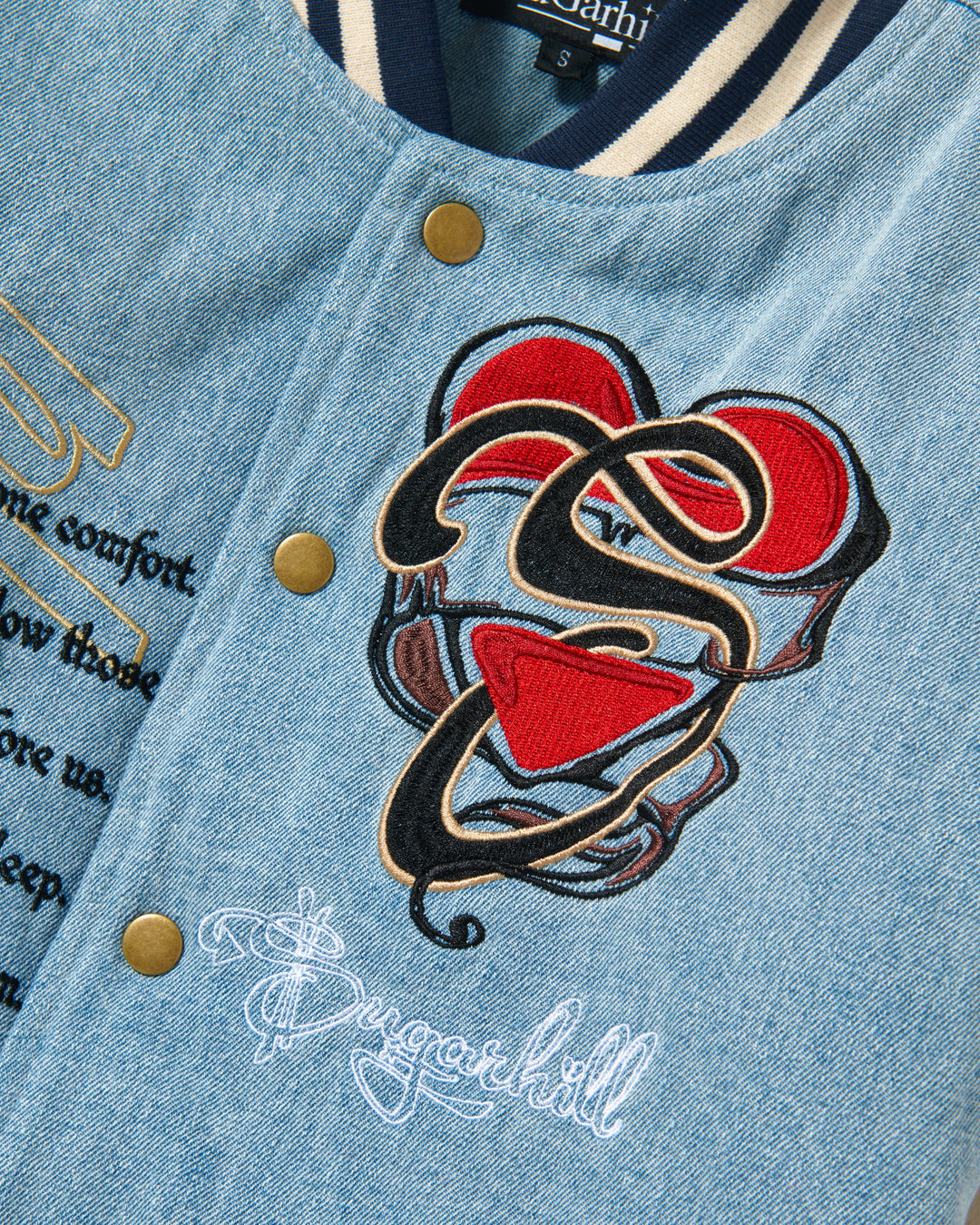 PLAGUE DENIM LETTERMAN JACKET (DENIM/LEATHER) – Sugarhill